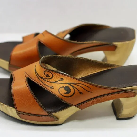 Vintage John Fluevog Orange Leather Wooden Platform Heels Slide Sandals - Picture 3 of 4
